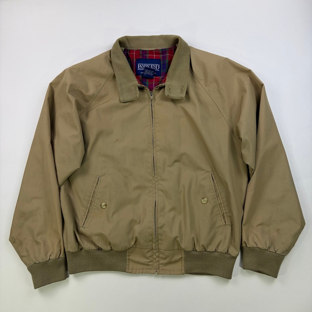 Lands End Vintage Harrington Jacket Mens Medium Tan Plaid Lined Bomber Coat
